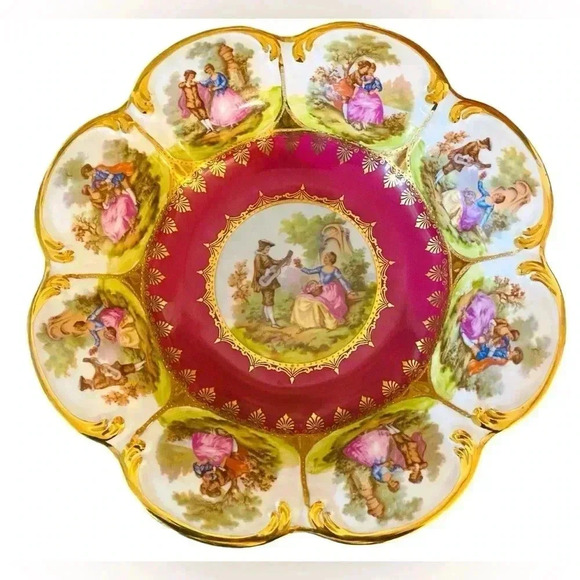 Vintage STW Bavaria 10” Raised Serving Bowl Courting Couples Porcelain Serveware